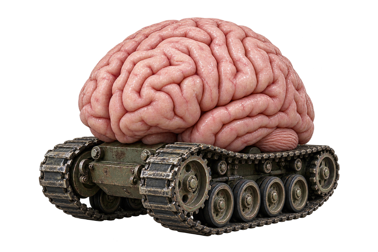 A photorealistic brain on tank treads.